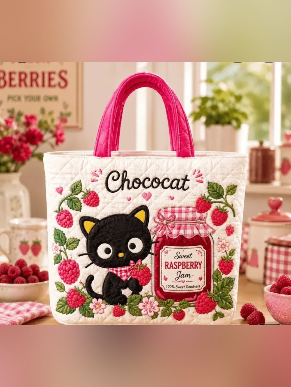Chococat Raspberry Jam Quilted Tote Bag - Pink & White